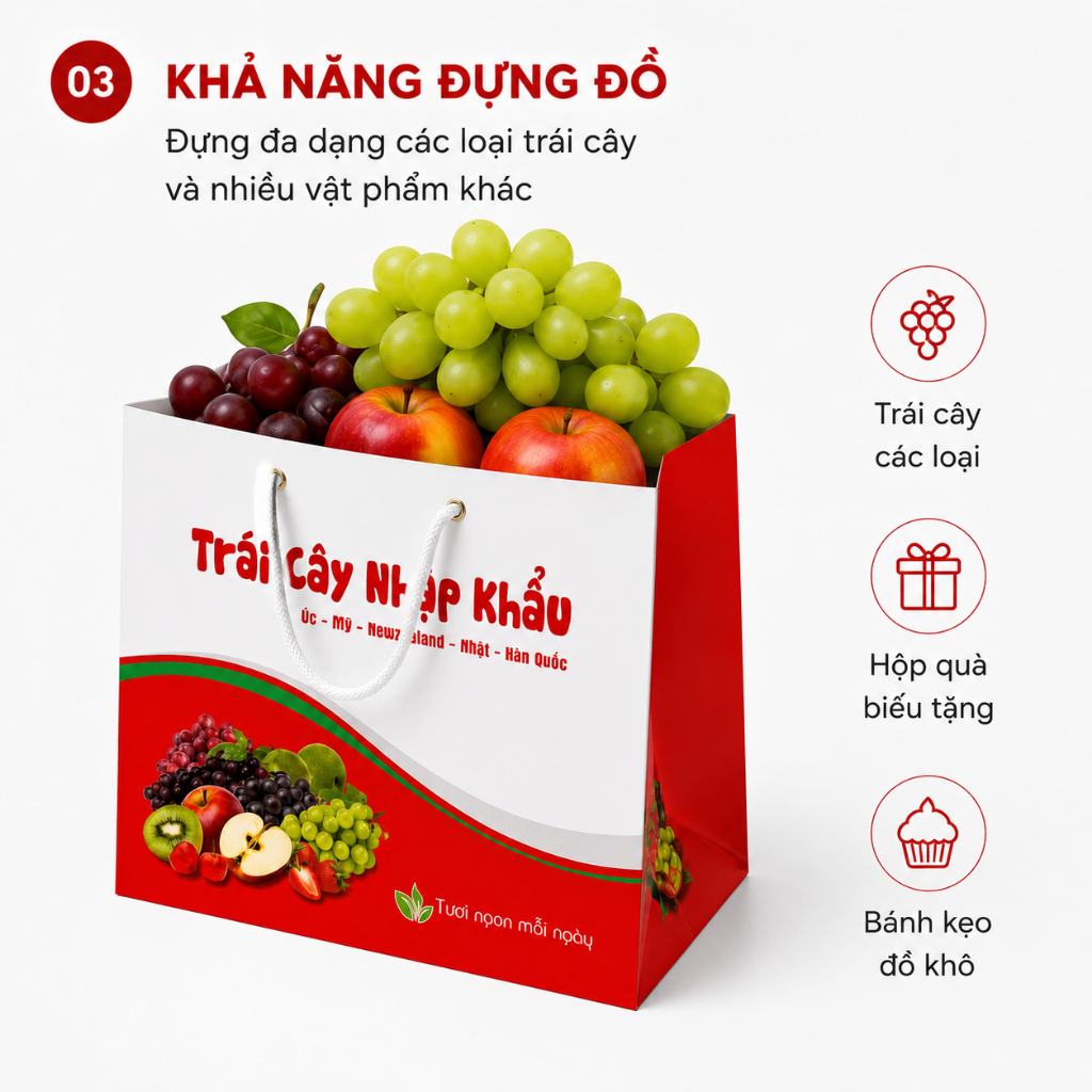 Combo 25 Túi Giấy Đựng Hoa Quả Mẫu Trái Cây Nhập Khẩu Màu Đỏ Quai Xách Dây Chắc Chắn Tiện Lợi