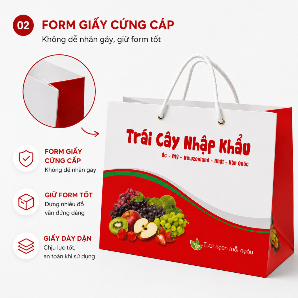 Combo 25 Túi Giấy Đựng Hoa Quả Mẫu Trái Cây Nhập Khẩu Màu Đỏ Quai Xách Dây Chắc Chắn Tiện Lợi