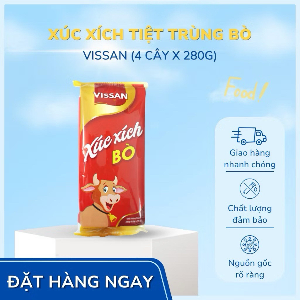 Vissan Combo 5 Xúc Xích Tiệt Trùng Bò Cây lớn 70g (280g/gói x 4cây) Date Mới