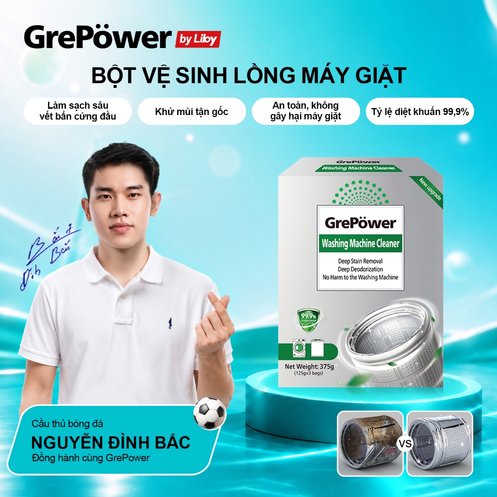 Bột Vệ Sinh Lồng Giặt GrePower, VN-6, 125g, Kháng Khuẩn, Bột Làm Sạch Trống Máy Giặt, Chất Tẩy Rửa, Đồ Dùng Máy Giặt Sâu