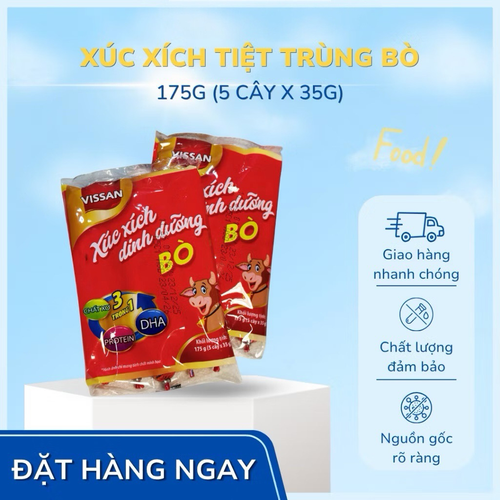 Vissan Combo 5 Gói Xúc Xích Dinh Dưỡng Bò 175g (5 cây x 35g) Date Mới