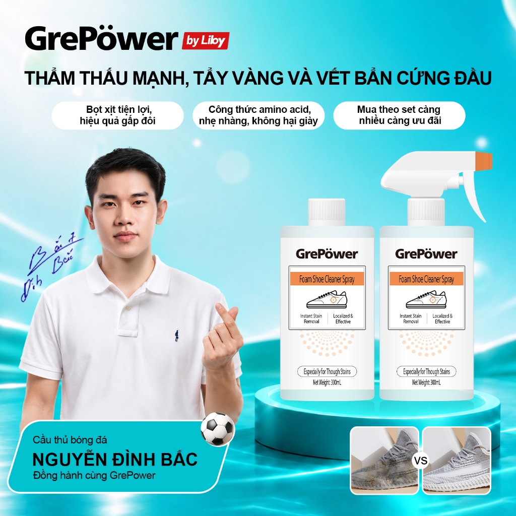 Bọt Xịt Vệ Sinh Giày GrePower Phiên Bản Mới Mẹ Bỉm Tin Dùng – Làm Sạch Từng Chỗ, Không Cần Giặt Cả Đôi, Chỉ Phun Chải Là