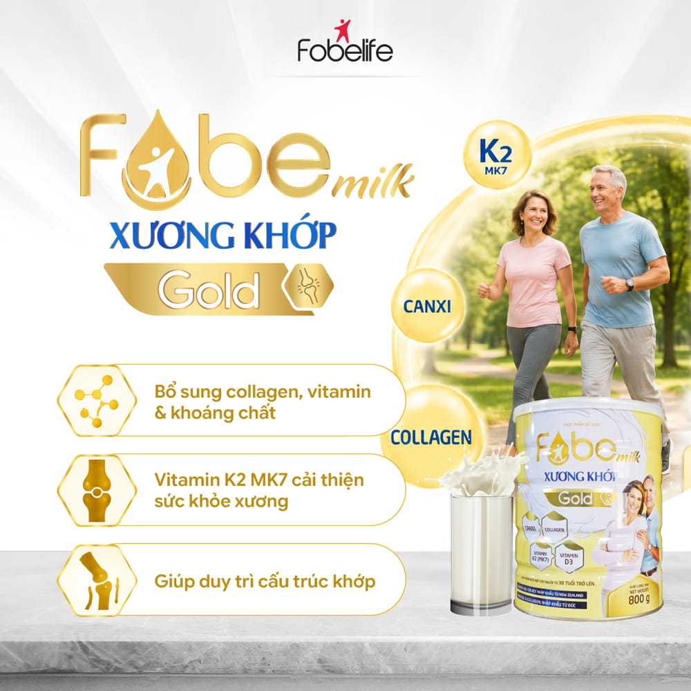 Sữa Bột Người Lớn Fobemilk Gold Xương Khớp Fobe Bổ Sung Collagen, Canxi và Vitamin D Giúp Xương Chắc Khỏe N1 - Hộp 800g