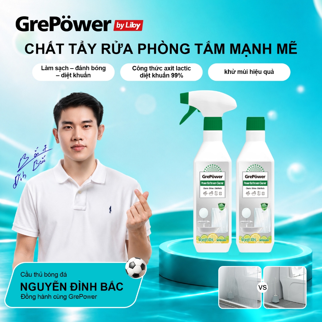 Dung Dịch Tẩy Rửa phòng tắm GrePower, cho kính, nhà vệ sinh, vòi và gạch sàn, loại bỏ vết bẩn và khử trùng