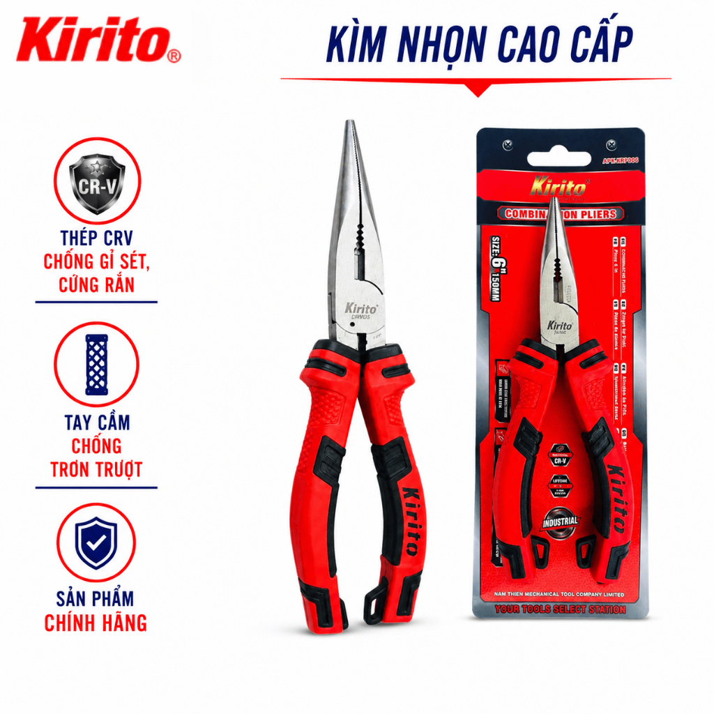 Kìm Mũi Nhọn Kirito Japan 6 Inch 8 inch - Thép CR-V Không Gỉ, Cứng Rắn, Chống Trơn Trượt