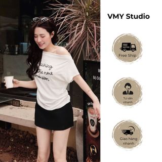 VMY Studio - Áo trễ vai ngắn tay thêu chữ xinh xắn cá tính nữ, áo thun lệch vai thêu chữ đi chơi siêu xinh nữ