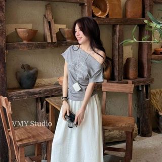 VMY Studio - Áo trễ vai ngắn tay thêu chữ xinh xắn cá tính nữ, áo thun lệch vai thêu chữ đi chơi siêu xinh nữ