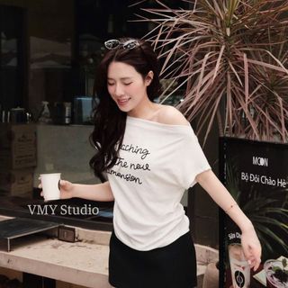VMY Studio - Áo trễ vai ngắn tay thêu chữ xinh xắn cá tính nữ, áo thun lệch vai thêu chữ đi chơi siêu xinh nữ