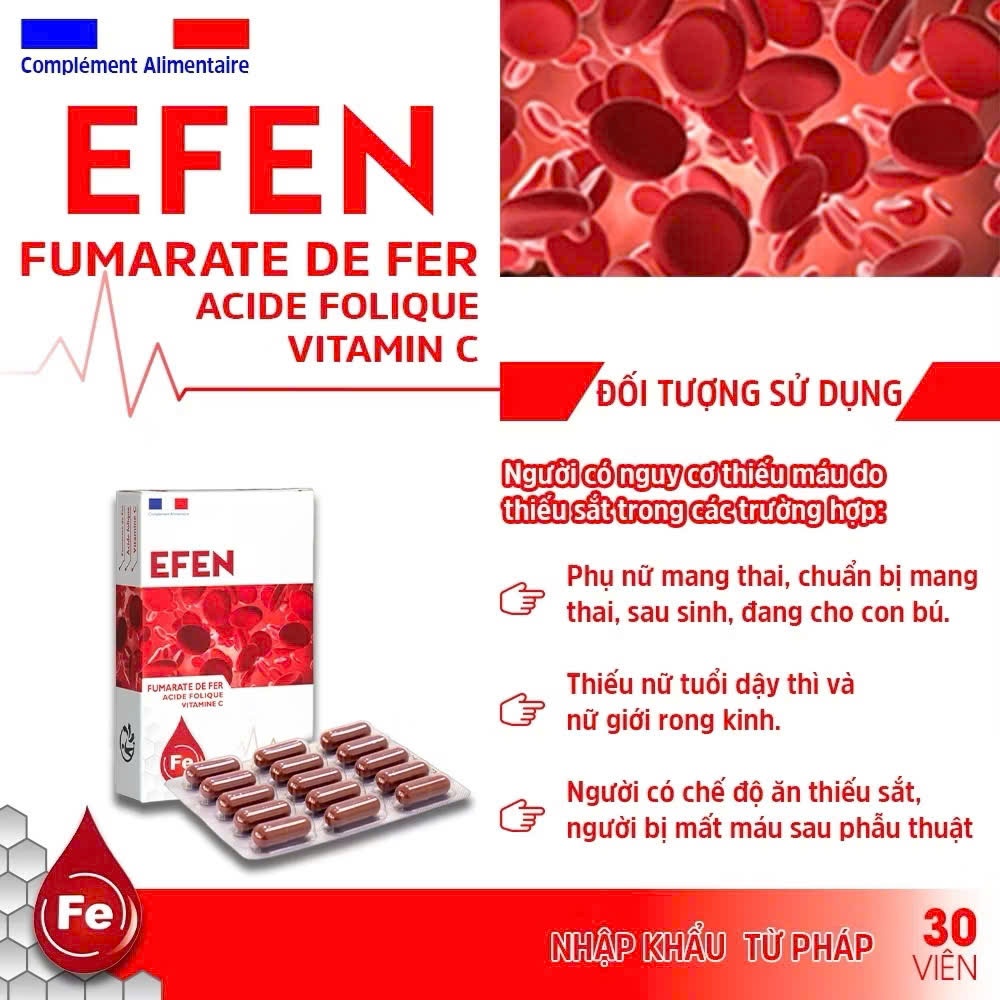 EFEN Nhập Khẩu Pháp - Hỗ Trợ Bổ Máu, Bổ Sung Sắt, Acid Folic & Vitamin B12 30 Viên