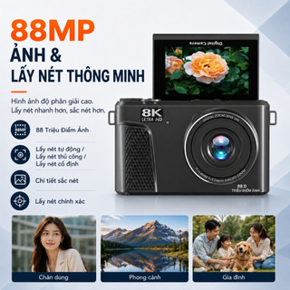 【Độ phân giải 8K】Máy ảnh kỹ thuật số 8K 88MP Zoom 18X Máy ảnh nhỏ gọn di động Màn hình lật 180° Chụp selfie/Du lịch