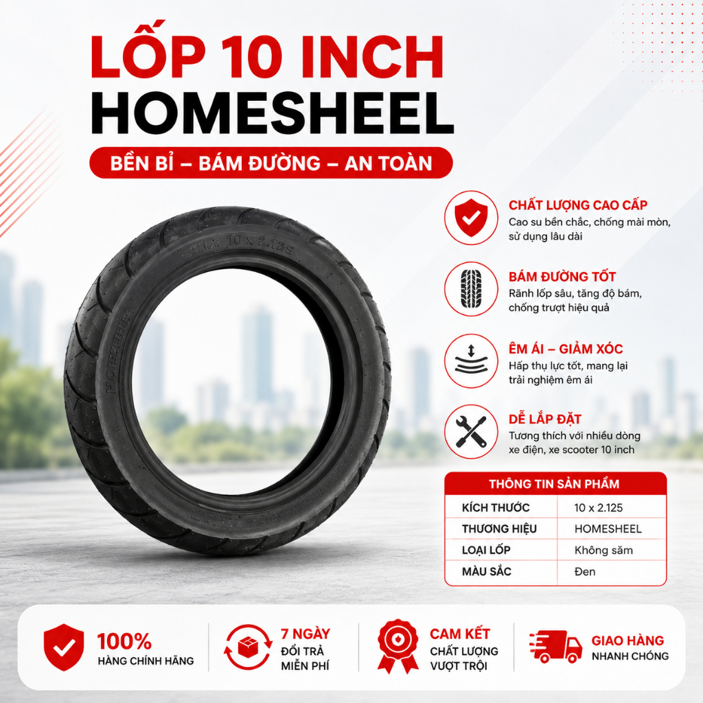 Lốp Xe Điện 10 x 2.125 HOMESHEEL – Bền Bỉ, Bám Đường Tốt, Chống Rò Rỉ Hiệu Quả