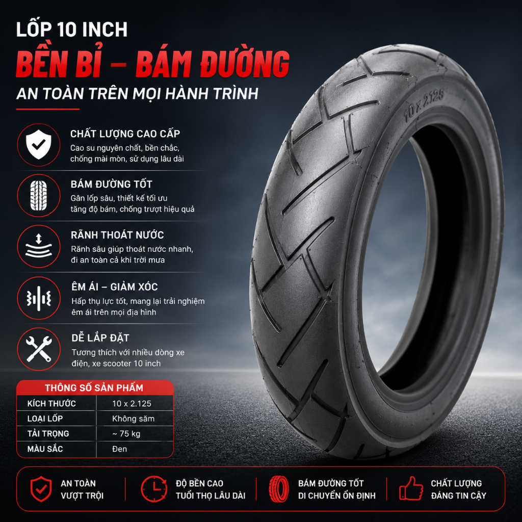 Lốp Xe Điện 10 x 2.125 HOMESHEEL – Bền Bỉ, Bám Đường Tốt, Chống Rò Rỉ Hiệu Quả