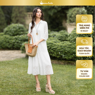 SWANLAKE | Váy Đầm Nữ Maxi Sơ Mi Suông Đuôi Cá Xòe Cotton Thêu Hoa Đục Lỗ Cài Nút Tay Nẹp Lỡ D12901