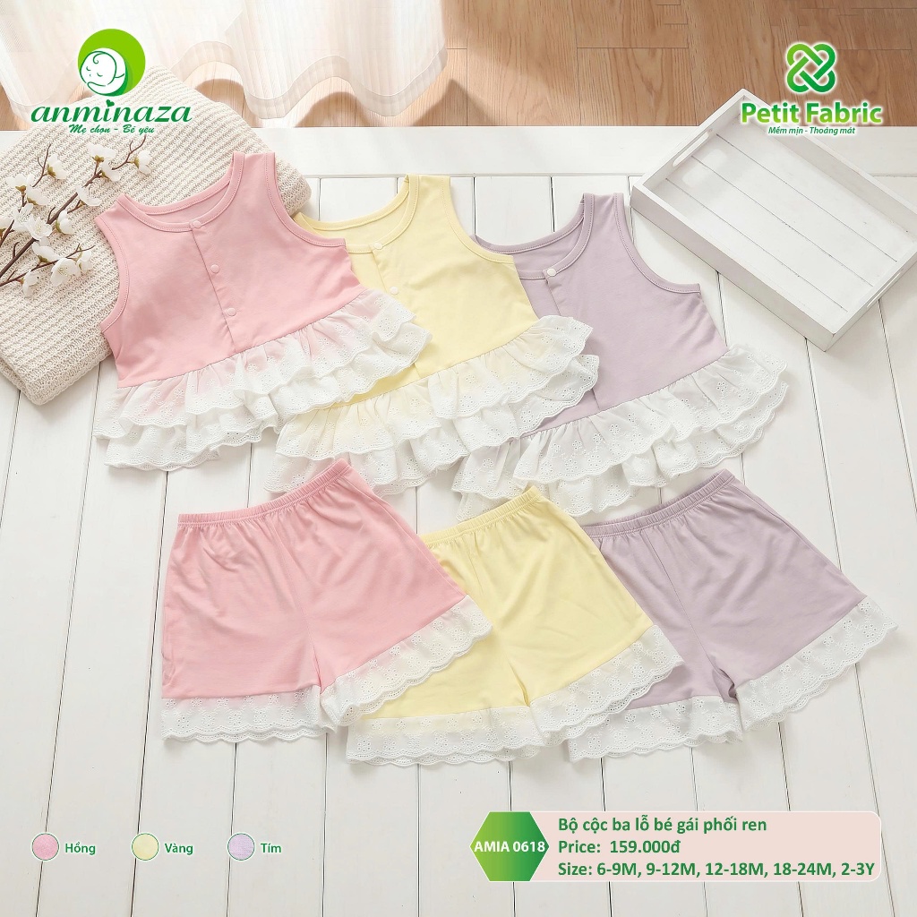 Bộ Cộc Ba Lỗ Bé Gái Anminaza Phối Ren Vải Petit Mềm Mịn Co Dãn - Hàng Chính Hãng AMI0618