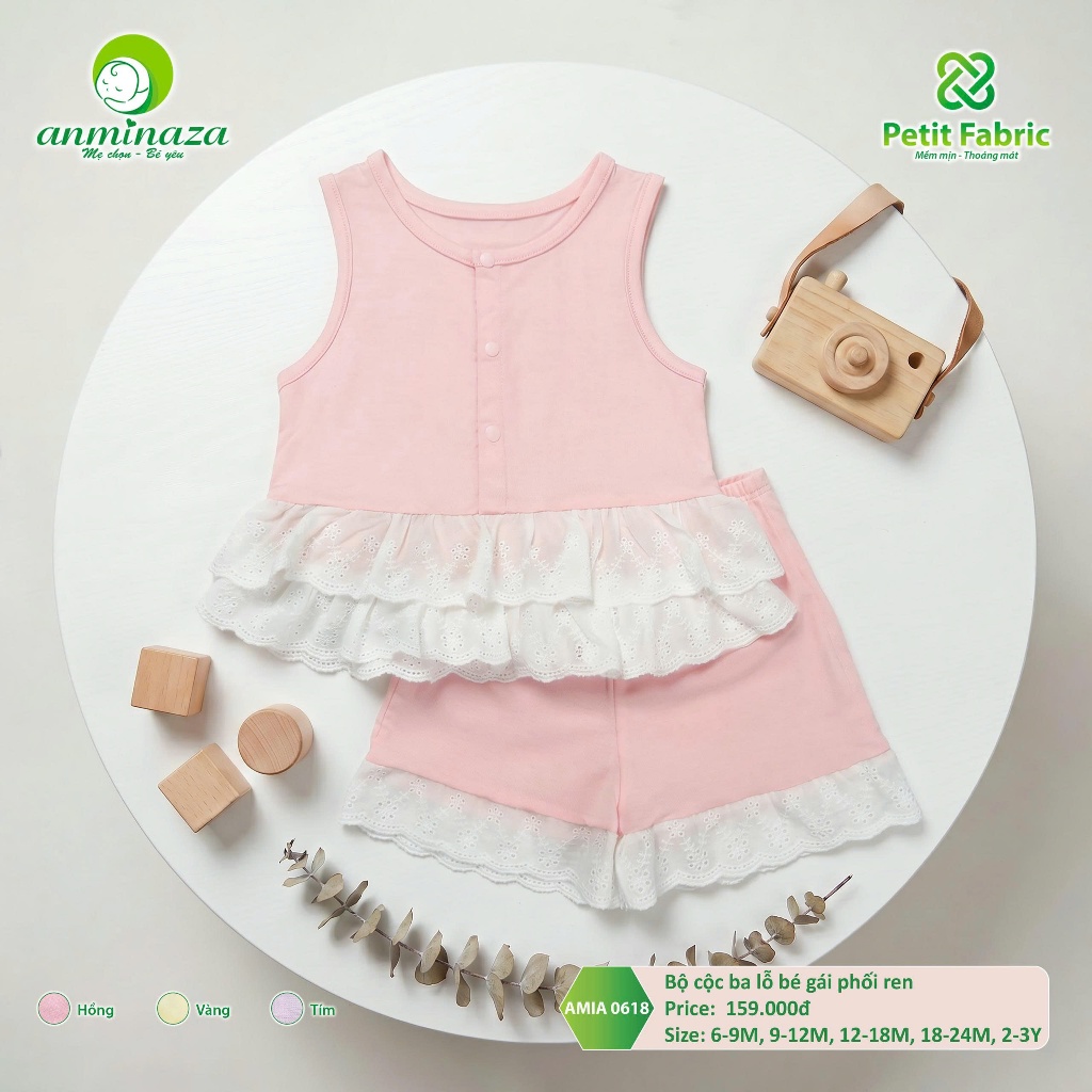 Bộ Cộc Ba Lỗ Bé Gái Anminaza Phối Ren Vải Petit Mềm Mịn Co Dãn - Hàng Chính Hãng AMI0618