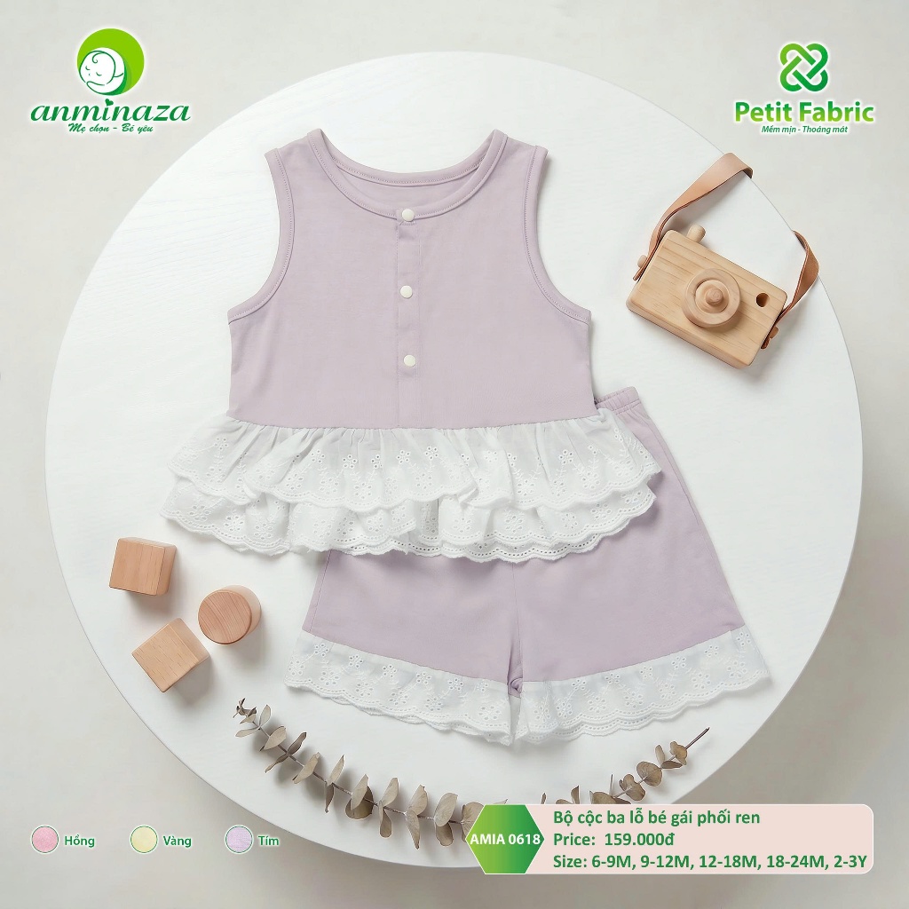 Bộ Cộc Ba Lỗ Bé Gái Anminaza Phối Ren Vải Petit Mềm Mịn Co Dãn - Hàng Chính Hãng AMI0618