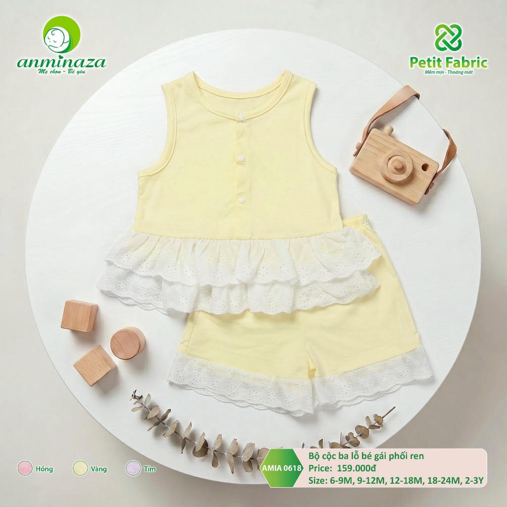 Bộ Cộc Ba Lỗ Bé Gái Anminaza Phối Ren Vải Petit Mềm Mịn Co Dãn - Hàng Chính Hãng AMI0618