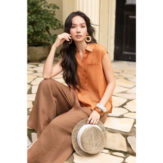 SWANLAKE | Áo Kiểu Nữ Cổ Sơ Mi Trơn Basic Vải Linen Tơ Sát Nách Vạt Bầu Công Sở Thanh Lịch A13816