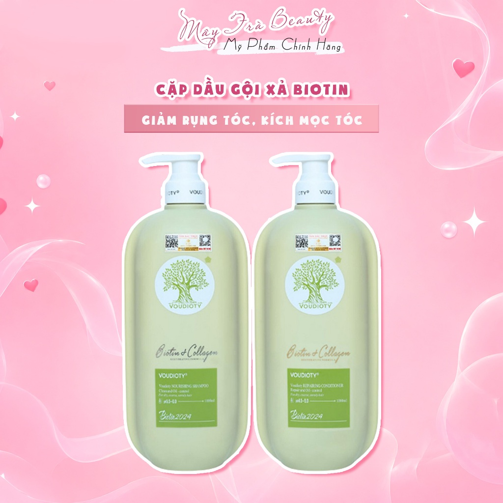 Dầu Gội, Xả Biotin Collagen Voudioty Xanh Lá Giảm Rụng Tóc, Kích Mọc Tóc, Kiểm Soát Tóc Bết Dầu 500ml-1000ml Mẫu Mới
