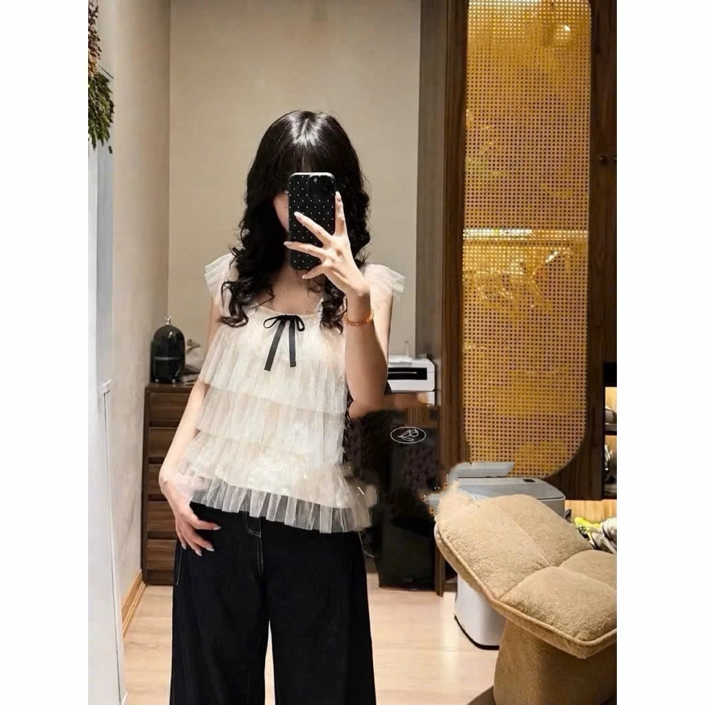 (Sẵn Hỏa Tốc) Áo nữ trễ vai ren mềm nhiều tầng đính kèm nơ dáng tiểu thư công chúa, ren bèo không ngứa