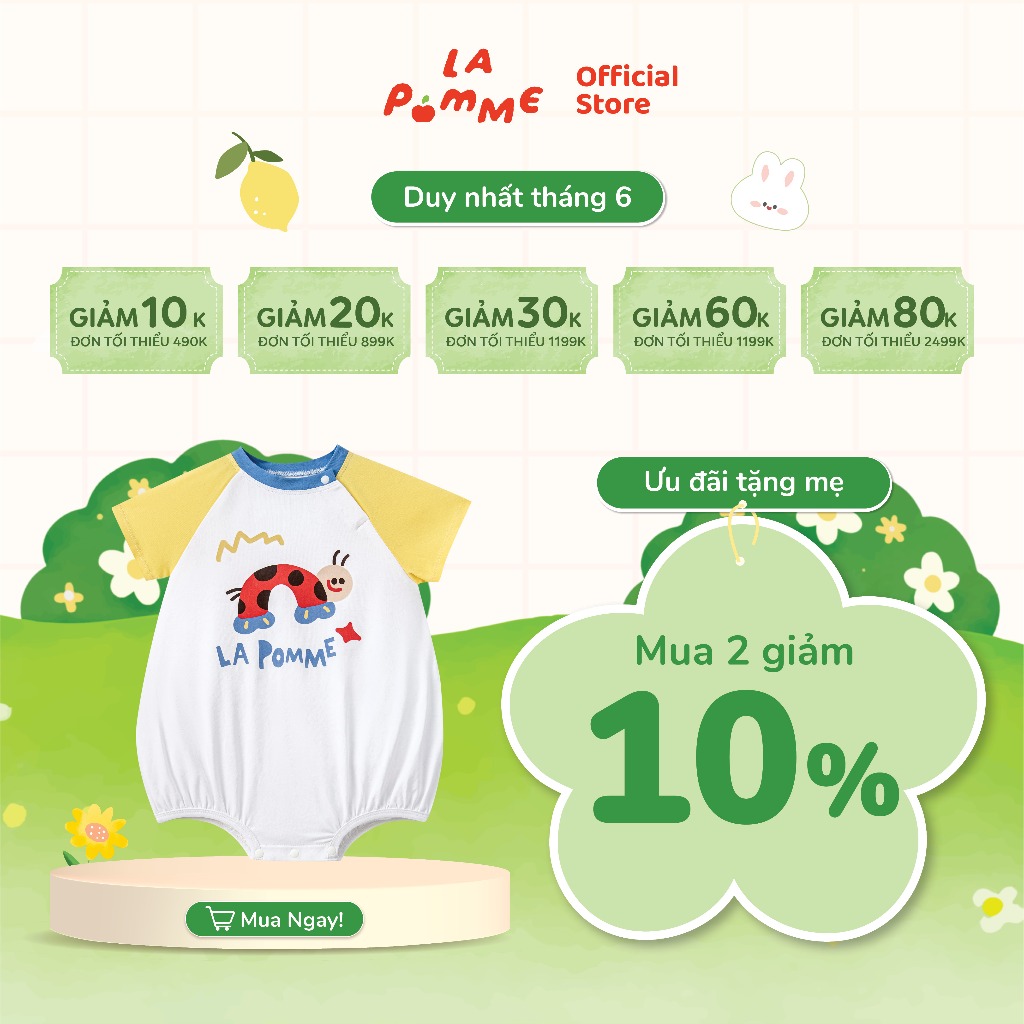Body cộc tay La Pomme sâu bướm vui nhộn - Sợi Natural Cotton thoáng mát – Bé trai - 3M - 12M