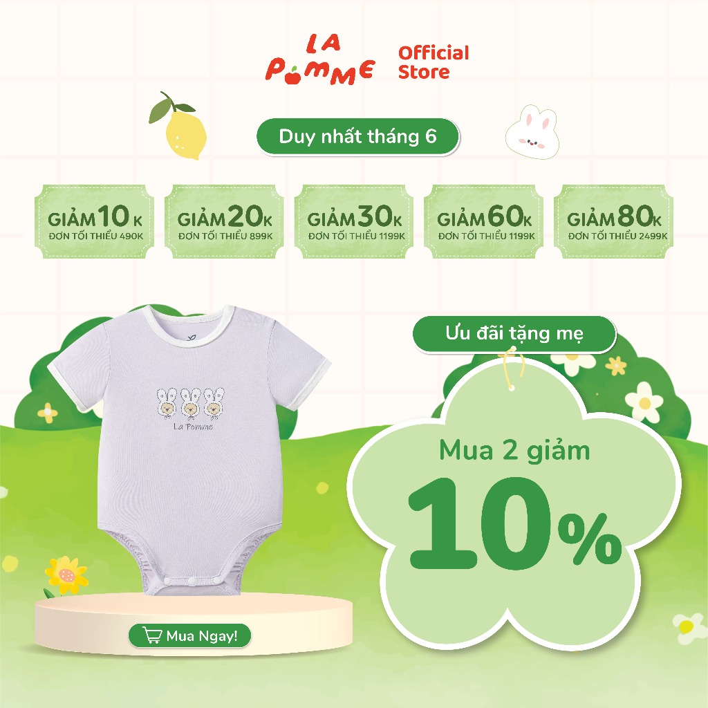 Set 2 Body chip cộc tay La Pomme thỏ con bồng bềnh - Sợi Petit Soyeu thoáng mát – Bé gái - 0M - 9M