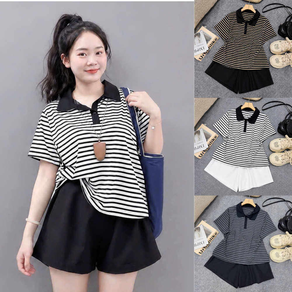 Sét Bigsize Nữ Kẻ Sọc Cổ Polo Phối Quần Short Form Rộng Che Khuyết Điểm 50-92kg A351+Q500