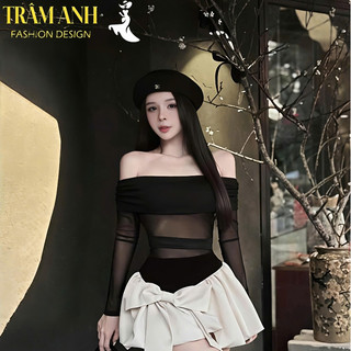 set đồ nữ-áo váy trễ vai tay dài, chân váy xòe cạp cao-đi chơi-đi làm-đi tiệc dễ thương-sang chảnh