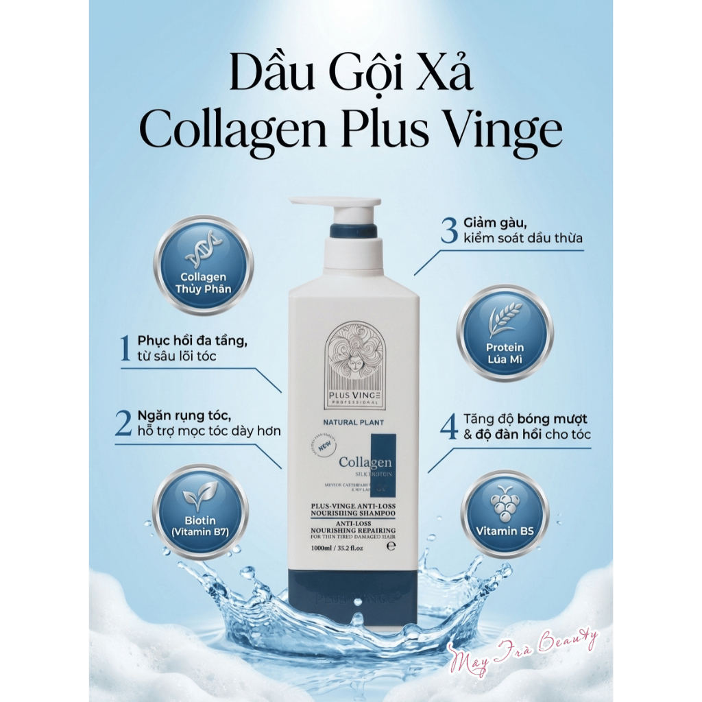 Dầu Gội Xả Collagen Plus Vinge Giảm Rụng Tóc, Ngăn Gàu, Kiềm Dầu, Phục Hồi Hư Tổn 1000ml