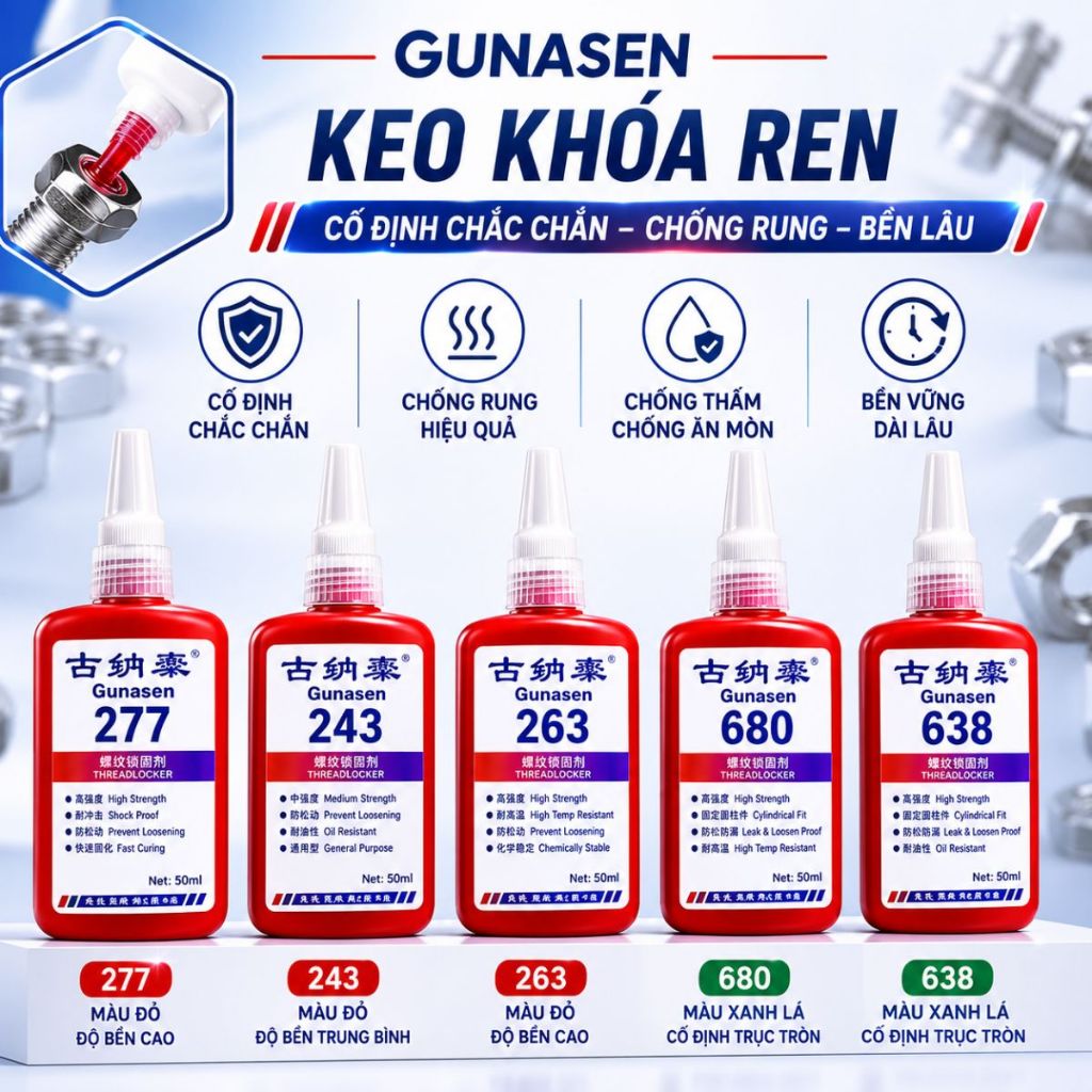 Keo Khóa Ren Gunasen 243 263 277 638 680 50ml Chống Rung Chống Tuột Ren Cố Định Bu Lông Ốc Vít