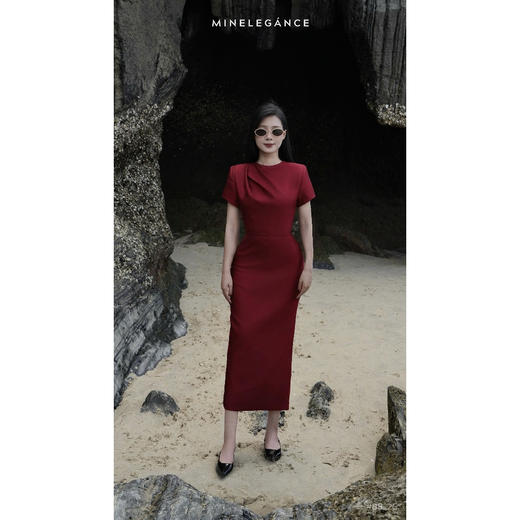 MINELEGÁNCE | VÁY CỔ TRÒN BÚT CHÌ MIDI DÁNG DÀI, SANG TRỌNG, THANH LỊCH - MIN88
