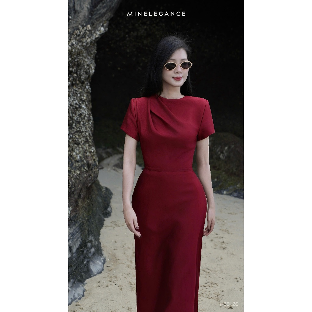 MINELEGÁNCE | VÁY CỔ TRÒN BÚT CHÌ MIDI DÁNG DÀI, SANG TRỌNG, THANH LỊCH - MIN88
