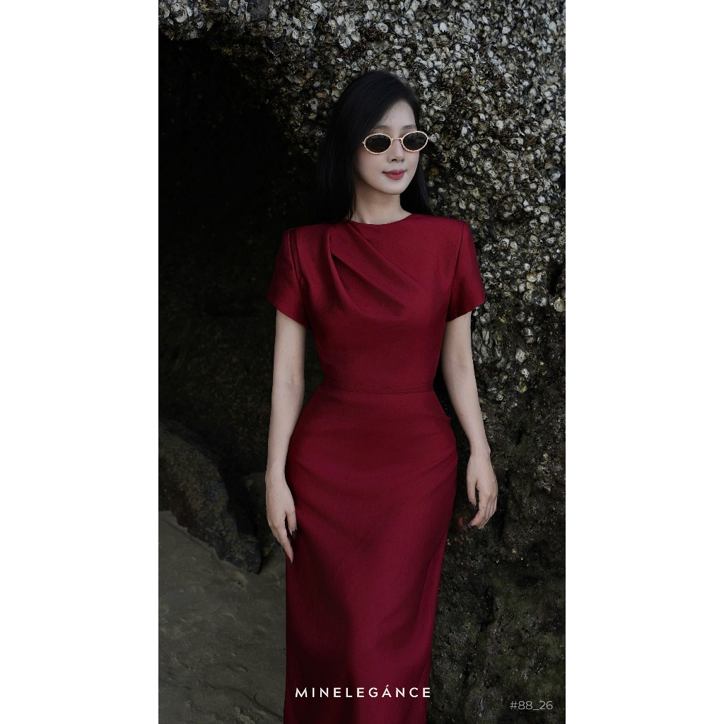 MINELEGÁNCE | VÁY CỔ TRÒN BÚT CHÌ MIDI DÁNG DÀI, SANG TRỌNG, THANH LỊCH - MIN88