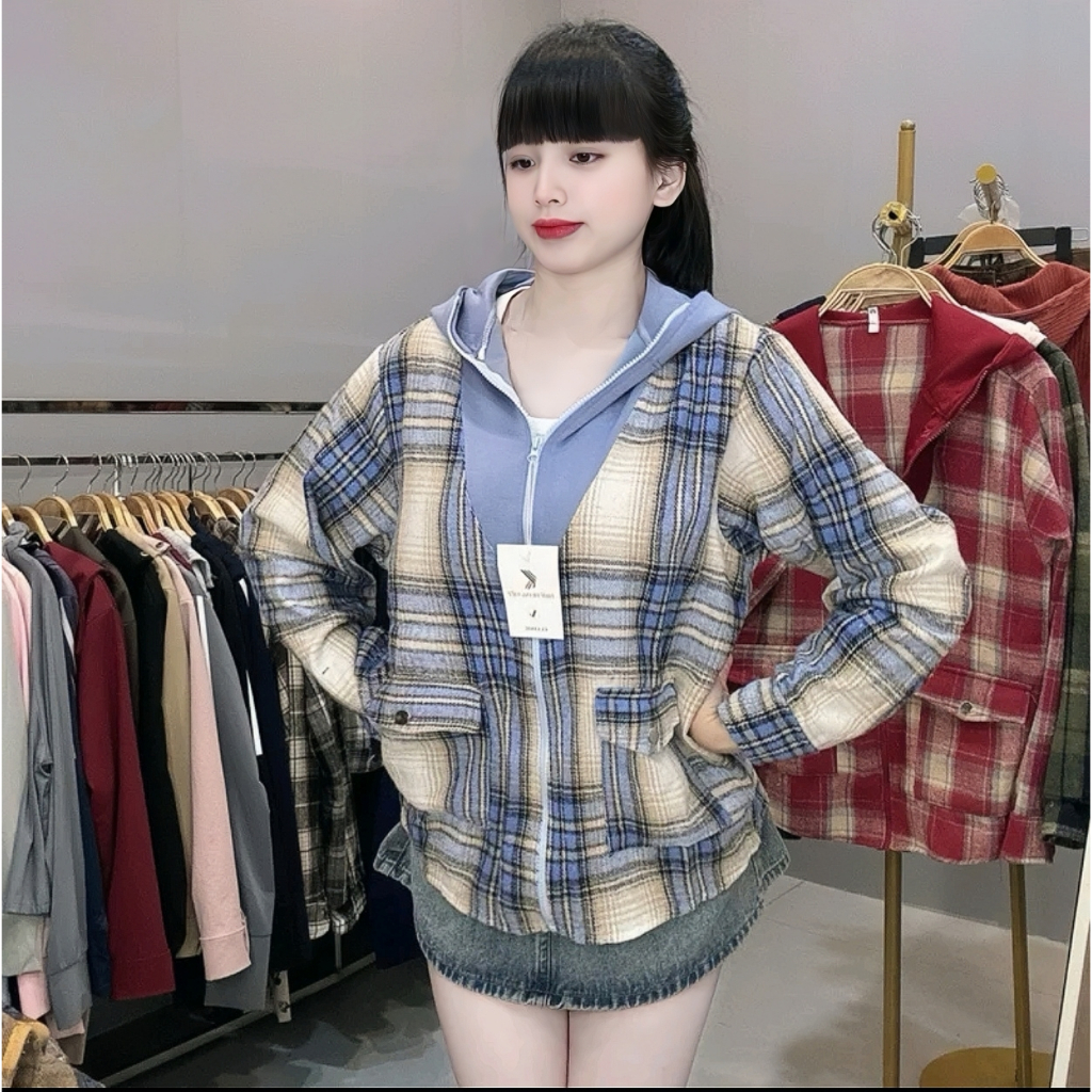 ( túi trong có khóa kéo ) Áo Khoác Sơ Mi Dạ Flannel Kẻ Caro  Nam , Nữ -Có Nón