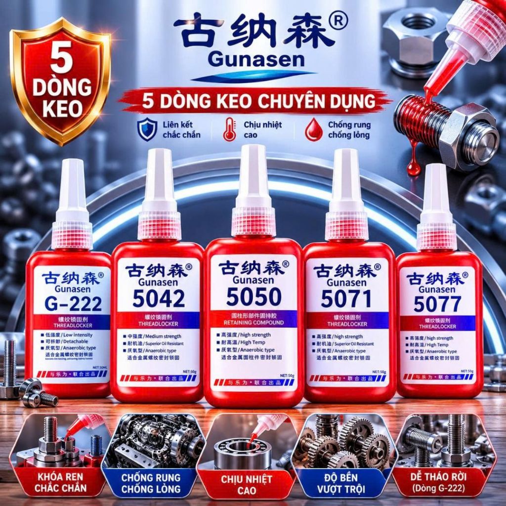 Keo Khóa Ren Gunasen G222 5042 5050 5071 5077 50ml Chống Rung Chống Lỏng Ren Chịu Nhiệt Cao