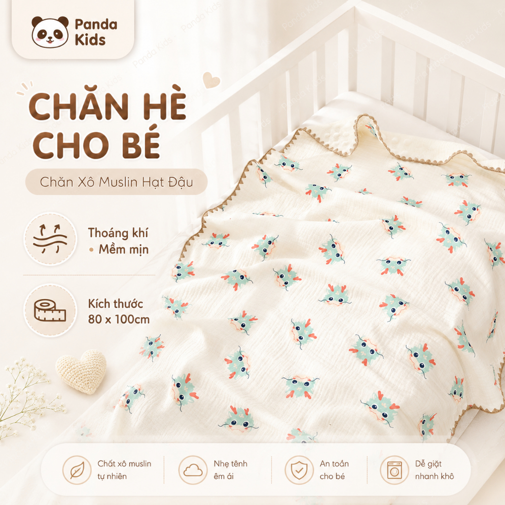 Chăn Hè Cho Bé, Chăn Xô Muslin Hạt Đậu Thoáng Khí Kích Thước 80*100cm Mềm Mịn Panda Kids - HT626
