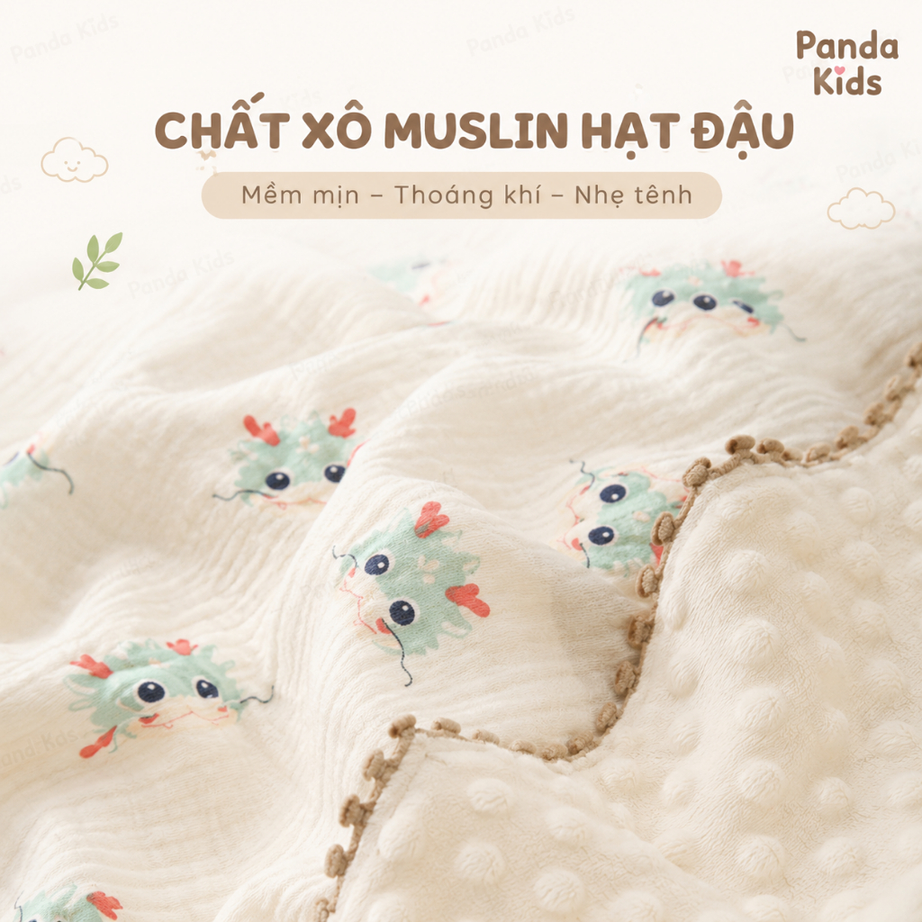 Chăn Hè Cho Bé, Chăn Xô Muslin Hạt Đậu Thoáng Khí Kích Thước 80*100cm Mềm Mịn Panda Kids - HT626