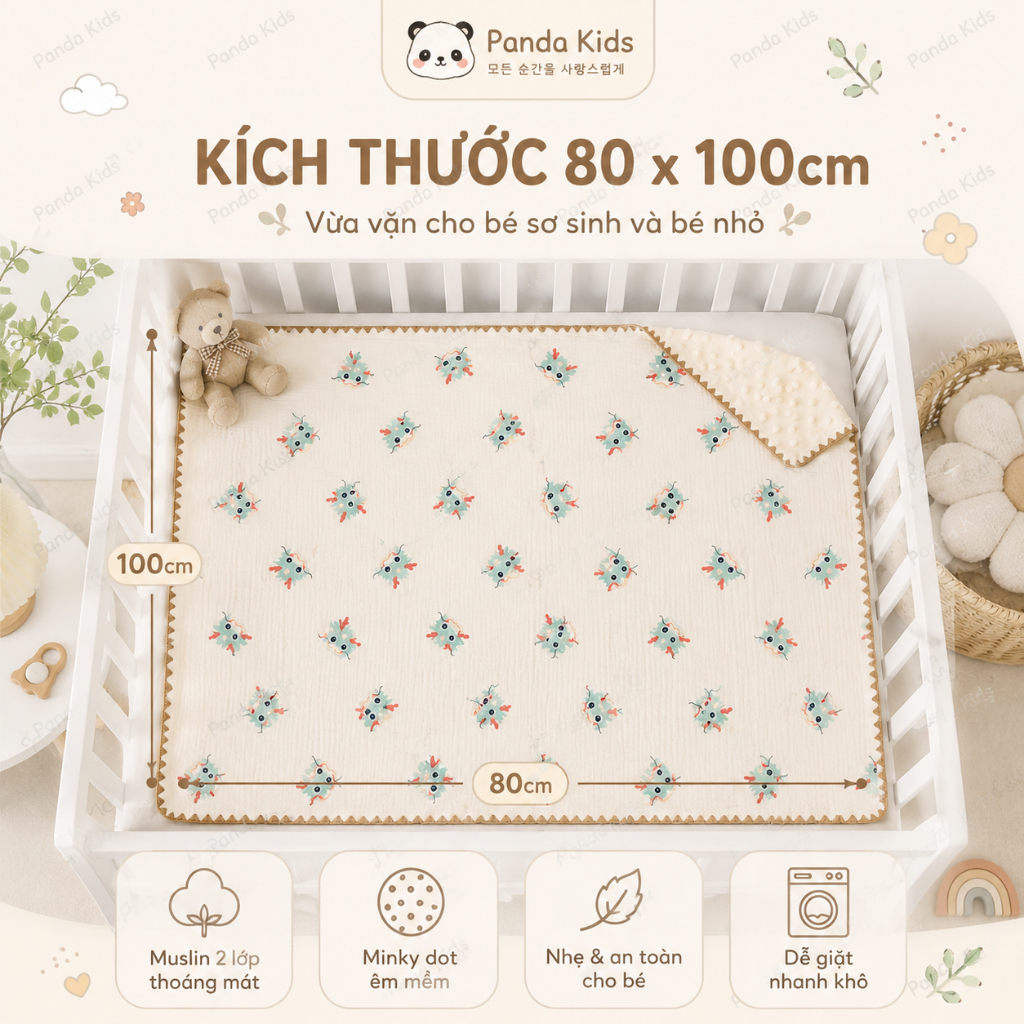 Chăn Hè Cho Bé, Chăn Xô Muslin Hạt Đậu Thoáng Khí Kích Thước 80*100cm Mềm Mịn Panda Kids - HT626