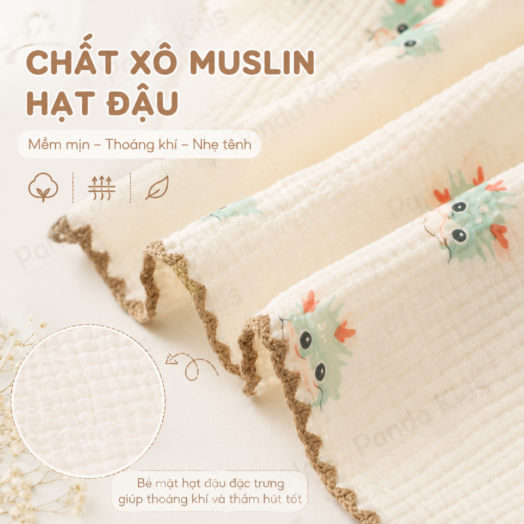 Chăn Hè Cho Bé, Chăn Xô Muslin Hạt Đậu Thoáng Khí Kích Thước 80*100cm Mềm Mịn Panda Kids - HT626