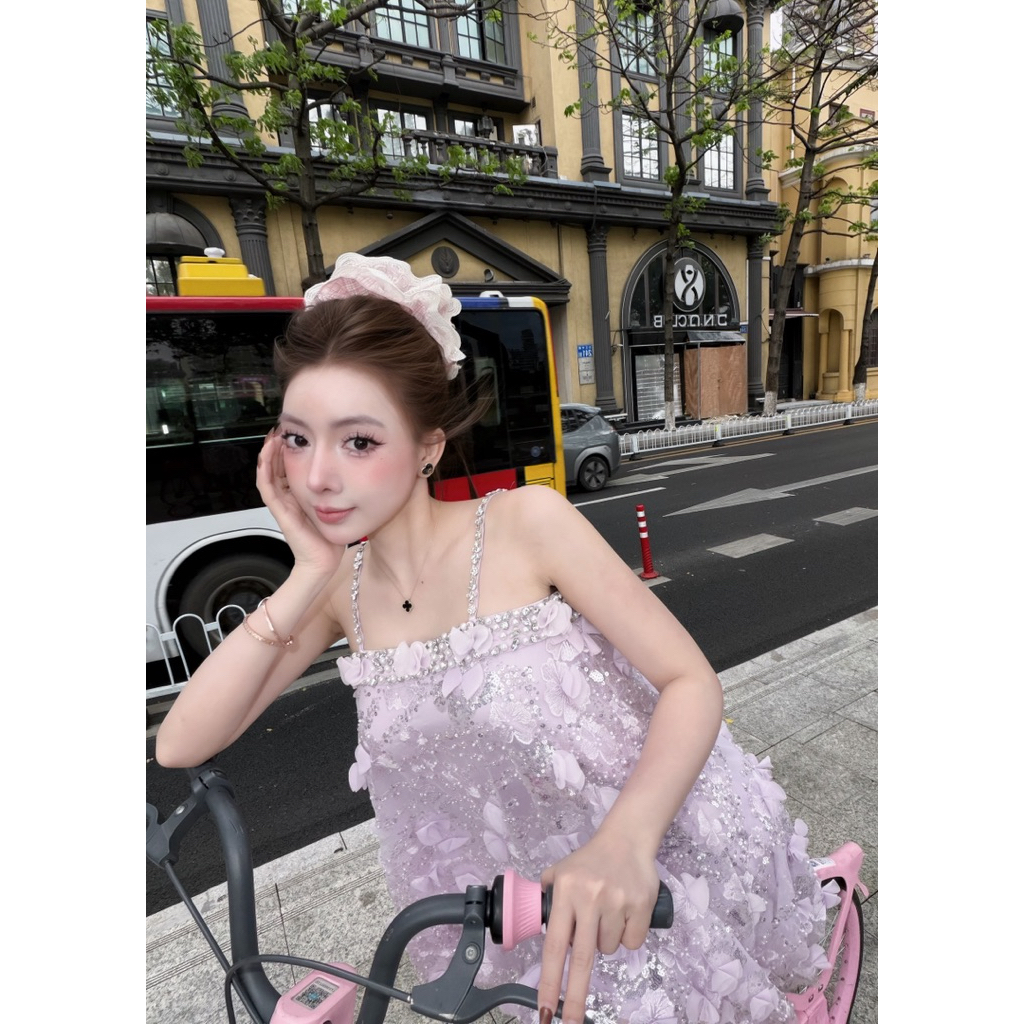 Đầm 2 dây ngọc kim sa hoa nổi Đoàn Thương