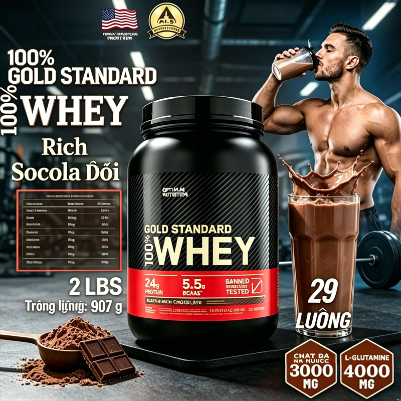 Bột Protein Whey 100% Tiêu chuẩn Vàng, Gói 5 pound, Hương vị Sô cô la, Thực phẩm bổ sung tăng cơ