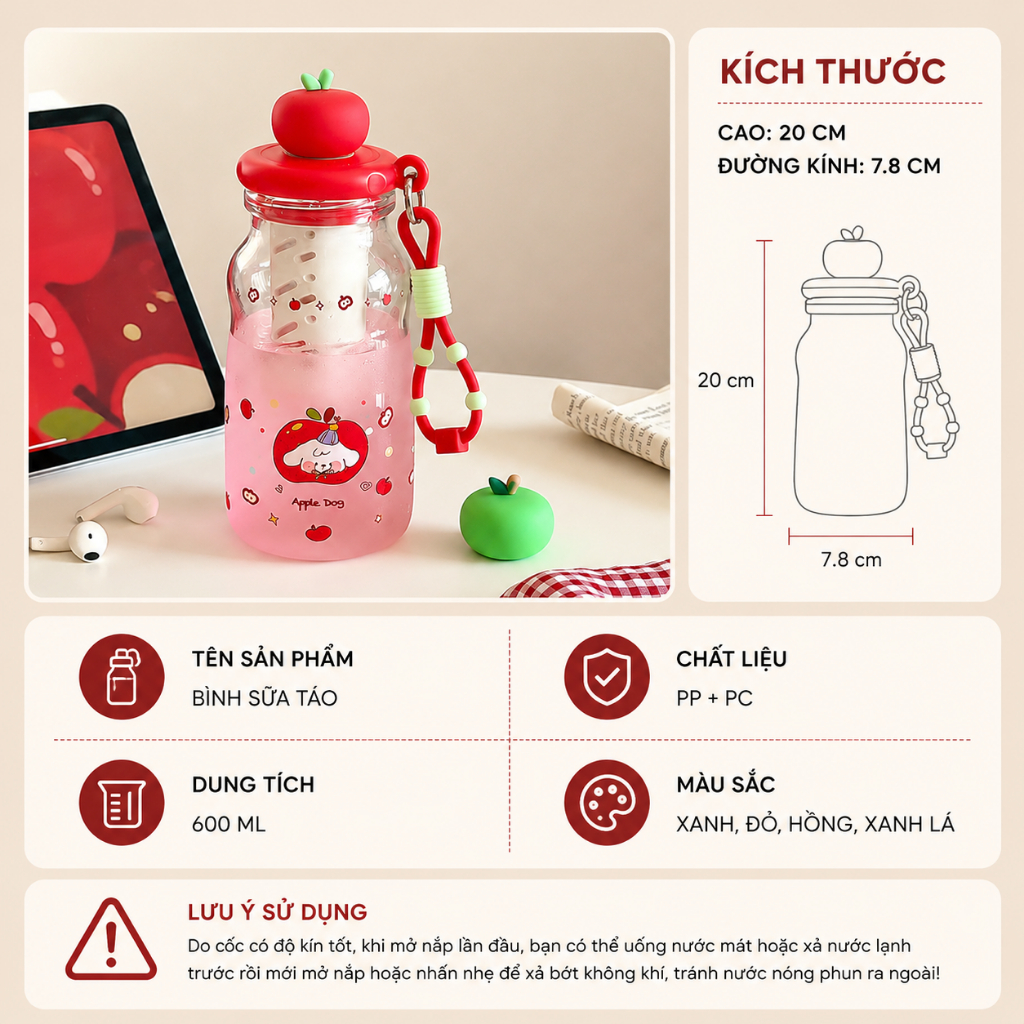 Bình Nước Có Lọc Trà Hình Trái Cây Dễ Thương 550ml Chống Rò Rỉ Có Dây Đeo