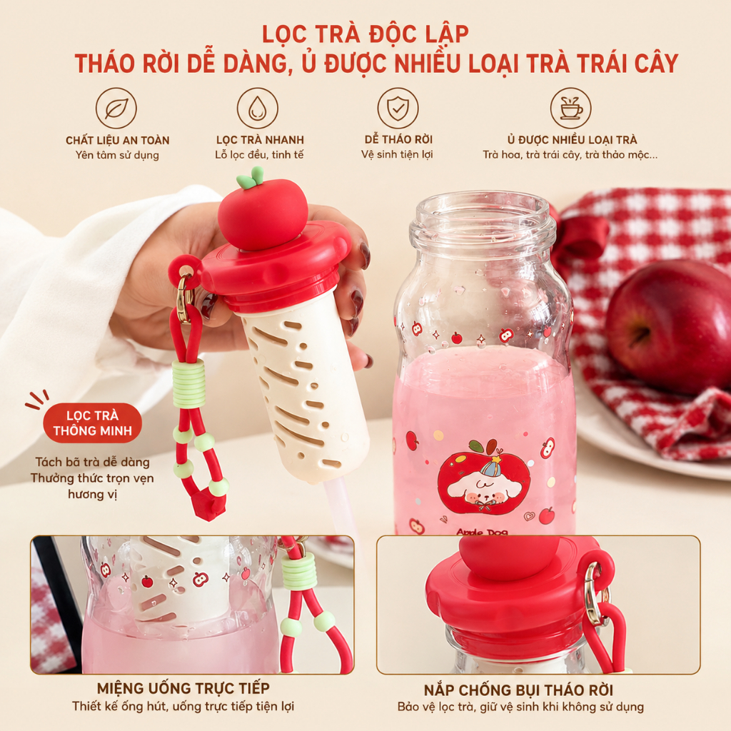 Bình Nước Có Lọc Trà Hình Trái Cây Dễ Thương 550ml Chống Rò Rỉ Có Dây Đeo