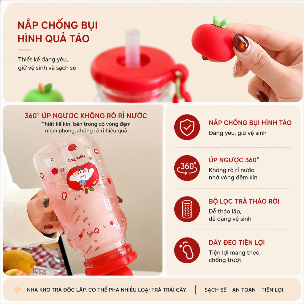 Bình Nước Có Lọc Trà Hình Trái Cây Dễ Thương 550ml Chống Rò Rỉ Có Dây Đeo
