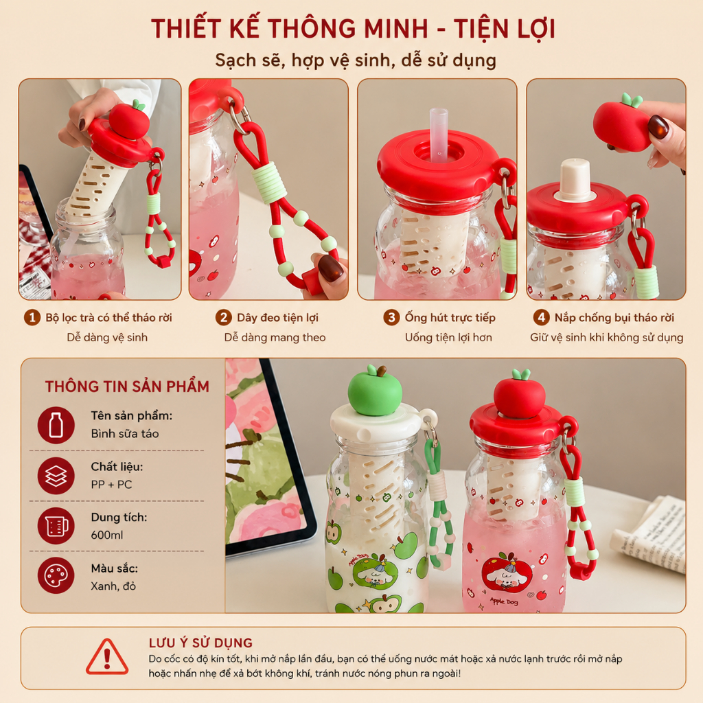 Bình Nước Có Lọc Trà Hình Trái Cây Dễ Thương 550ml Chống Rò Rỉ Có Dây Đeo