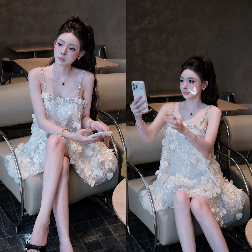 Đầm 2 dây ngọc kim sa hoa nổi Đoàn Thương