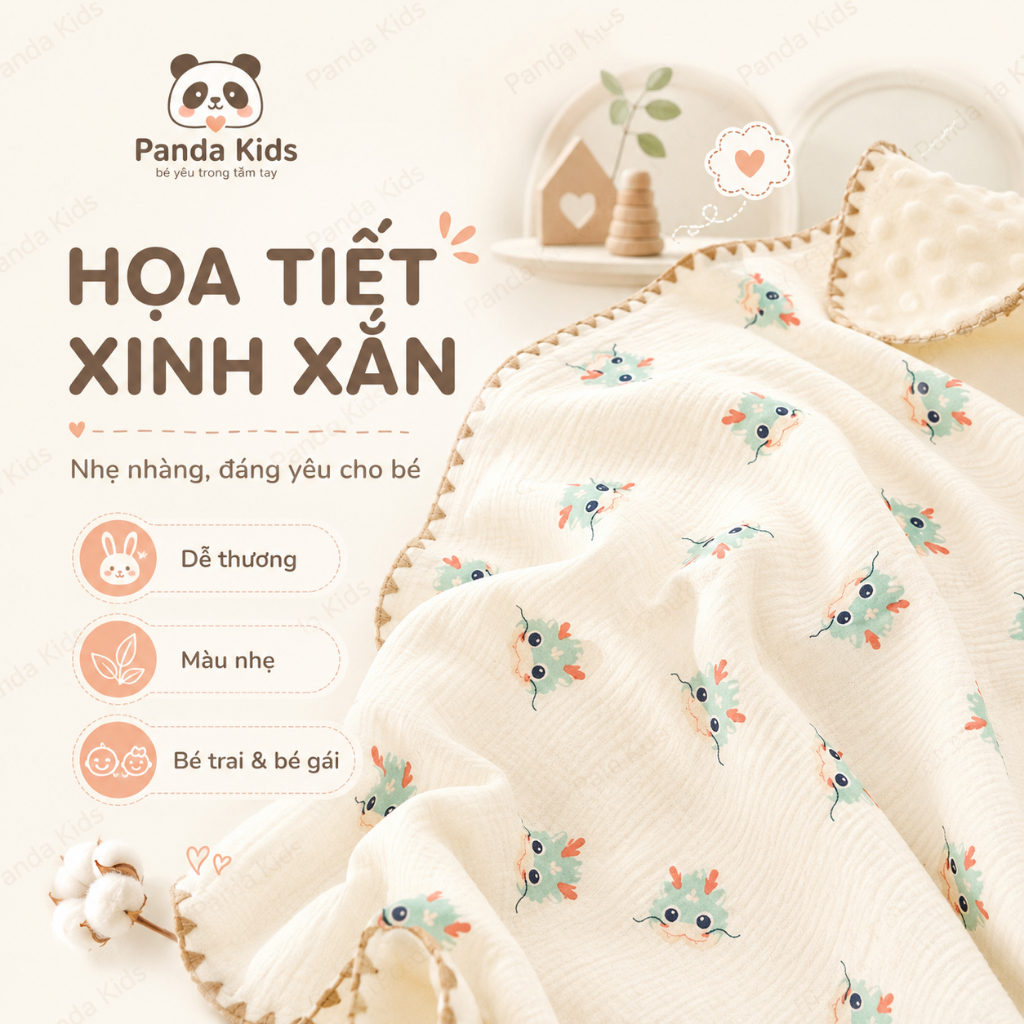 Chăn Hè Cho Bé, Chăn Xô Muslin Hạt Đậu Thoáng Khí Kích Thước 80*100cm Mềm Mịn Panda Kids - HT626