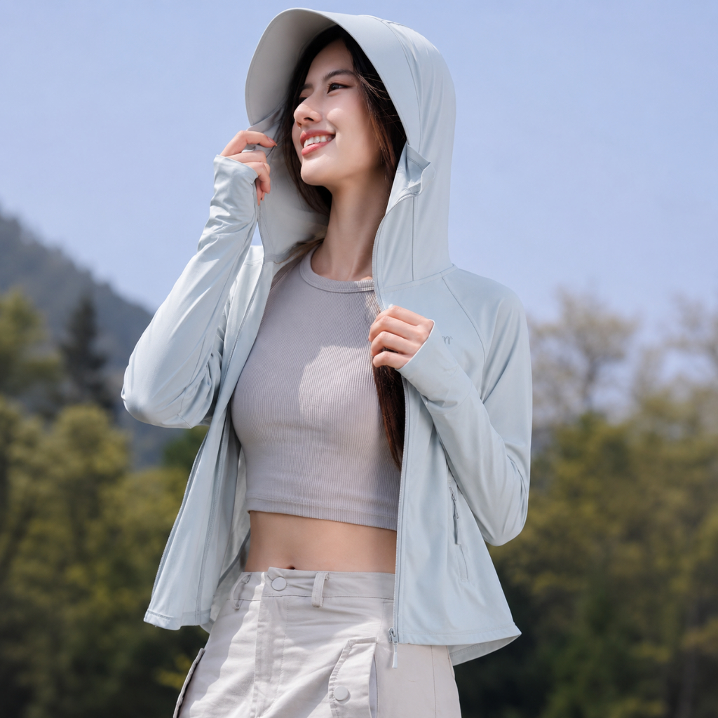 Áo chống nắng 2 lớp nữ dáng cánh dơi vải thun lạnh MINA thiết kế có mũ có túi khóa hàng QUẢNG CHÂU