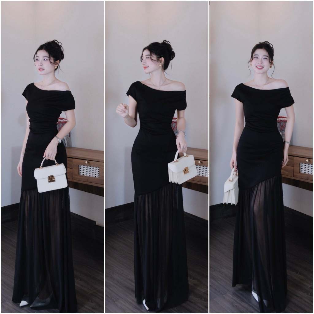 MAYBI Đầm lệch vai nhún kiểu dáng maxi