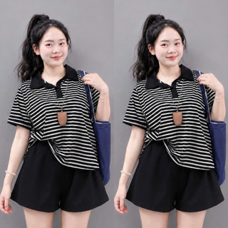 Set Đồ Bộ Bigsize Nữ Áo Thun Tay Ngắn Cổ Bẻ Phối Quần Short Năng Động Mặc Mát A351+Q500